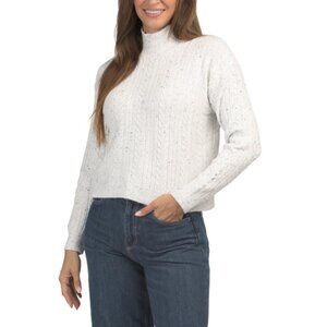 CHLOE & JASMINE Ivory Combo Flecked Cable Knit Turtle Neck Pullover Sweater